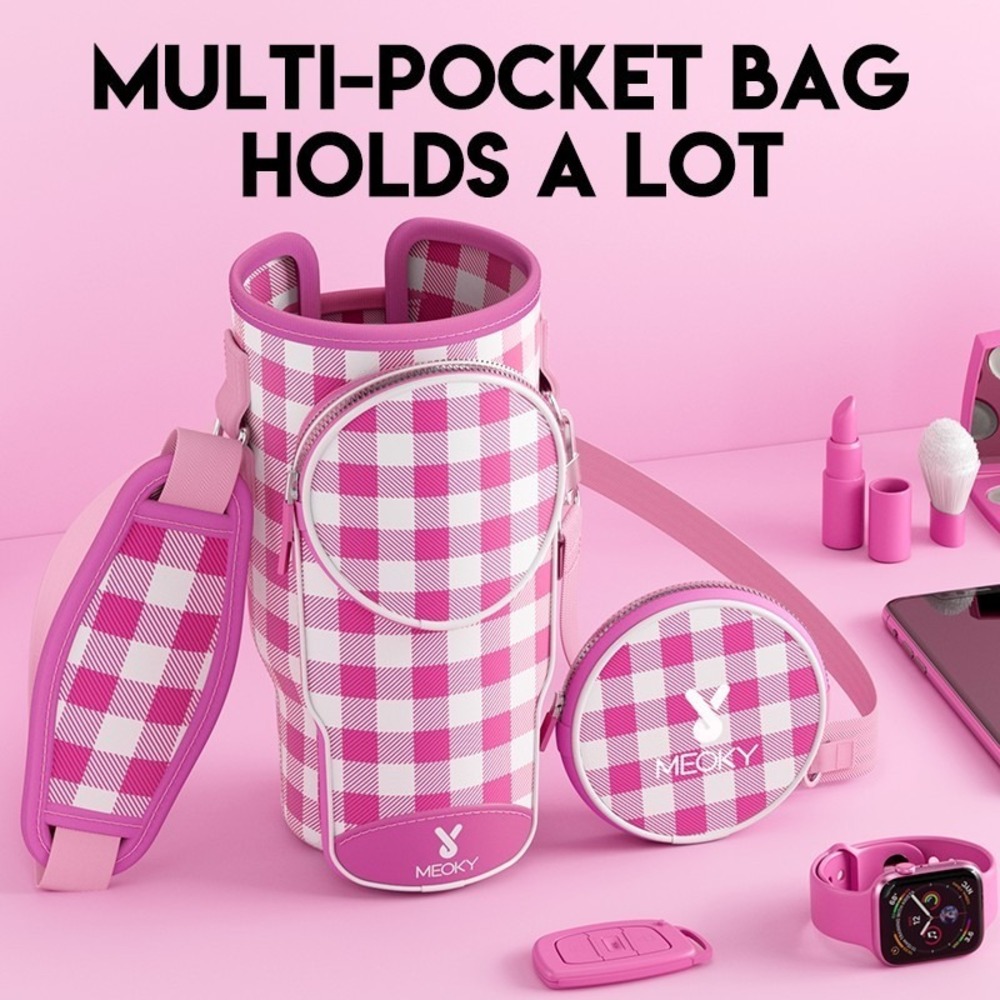 Meoky Carrier Bag for 40 oz Tumbler Cup Holder Pink Check Plaid in Box - Picture 3 of 5